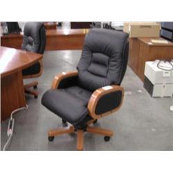 Black Leather High Back Chair w/ Cherry Arms