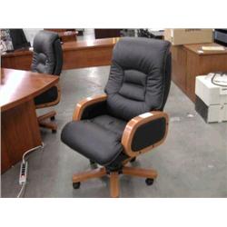 Black Leather High Back Chair w/ Cherry Arms