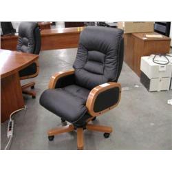 Black Leather High Back Chair w/ Cherry Arms