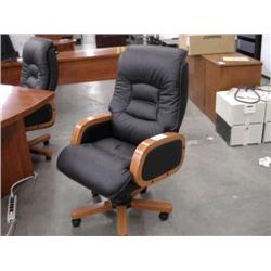 Black Leather High Back Chair w/ Cherry Arms