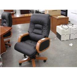 Black Leather High Back Chair w/ Cherry Arms