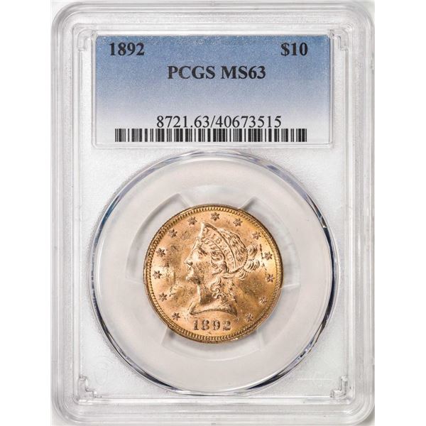 1892 $10 Liberty Head Eagle Gold Coin PCGS MS63