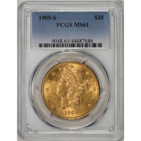 1905-S $20 Liberty Head Double Eagle Gold Coin PCGS MS61