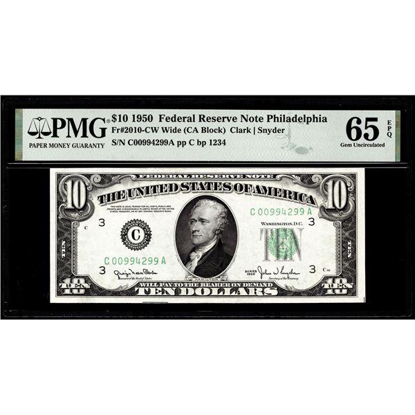 1950 $10 Federal Reserve Note Philadelphia Fr.2010-CW Wide PMG Gem Uncirculated 65EPQ
