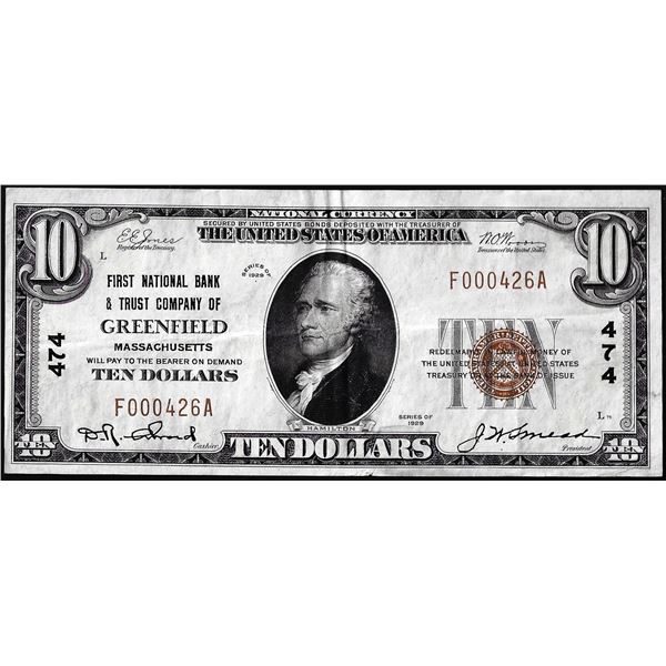 1929 $10 First National Bank & Trust of Greenfield, MA CH# 474 National Currency Note