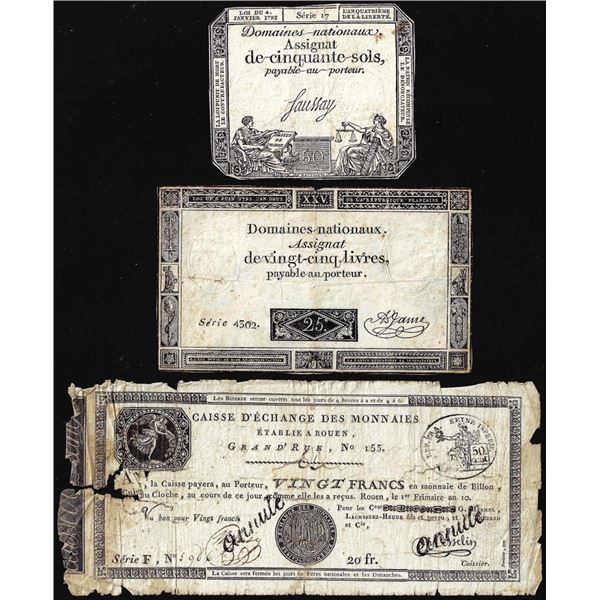 Lot of (3) 1790's France Domaines-Nationaux Notes