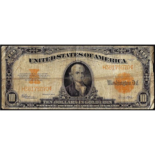1922 $10 Gold Certificate Note