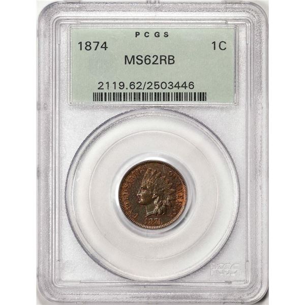 1874 Indian Head Cent Coin PCGS MS62RB Old Green Holder