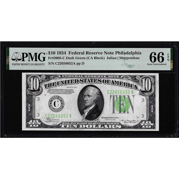 1934 $10 Federal Reserve Note Philadelphia Fr.2005-C PMG Gem Uncirculated 66EPQ
