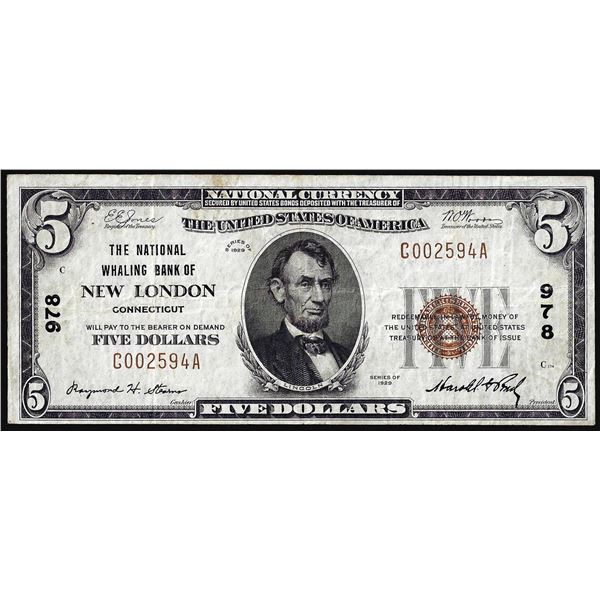 1929 $5 The National Whaling Bank of New London, CT CH# 978 National Currency Note