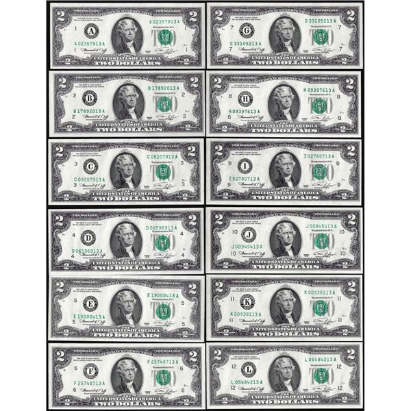 District Set of (12) 1976 $2 Federal Reserve Notes