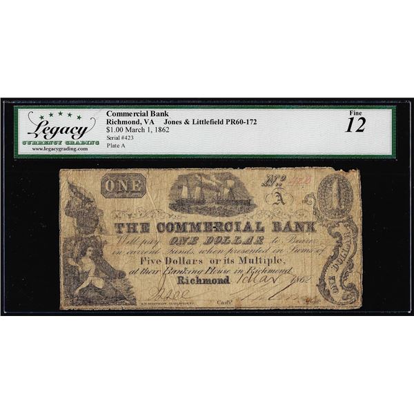 1862 $1 The Commercial Bank Richmond, VA Obsolete Note Legacy Fine 12