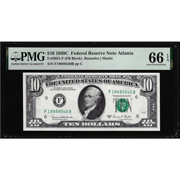 1969C $10 Federal Reserve Note Atlanta Fr.2021-F PMG Gem Uncirculated 66EPQ