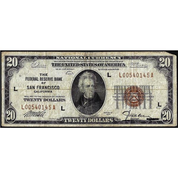 1929 $20 Federal Reserve Bank Note San Francisco