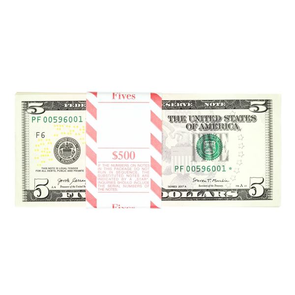 Pack of (100) Consecutive 2017A $5 Federal Reserve STAR Notes Atlanta
