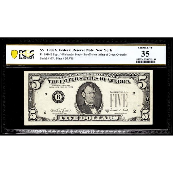 1988A $5 Federal Reserve Note New York Insufficient Inking Error PCGS Choice VF 35