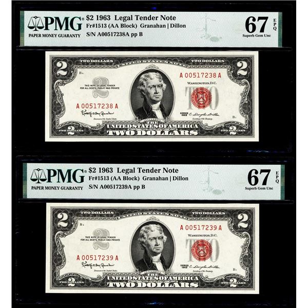 (2) Consecutive 1963 $2 Legal Tender Notes Fr.1513 PMG Superb Gem Uncirculated 67EPQ