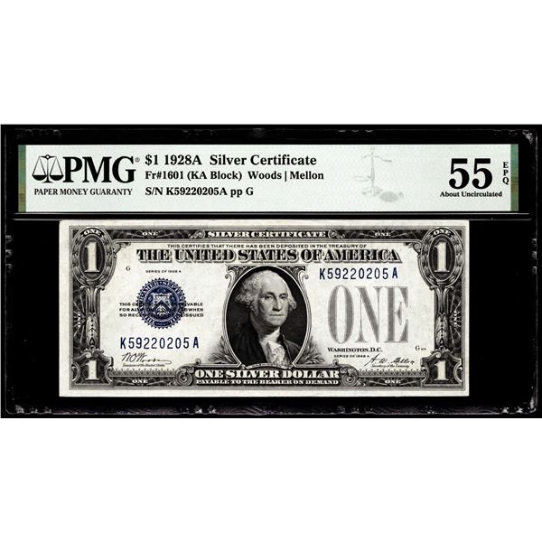 1928A $1 Funnyback Silver Certificate Note Fr.1601 PMG About Uncirculated 55EPQ