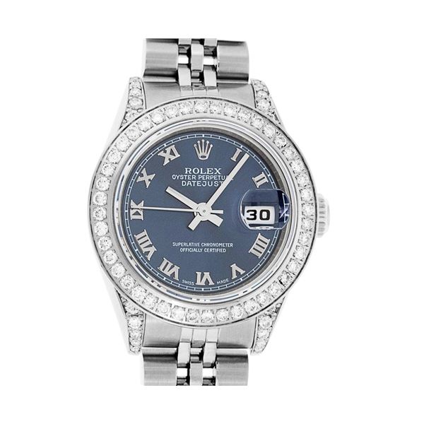 Rolex Ladies Stainless Steel Blue Roman Diamond Datejust Wristwatch