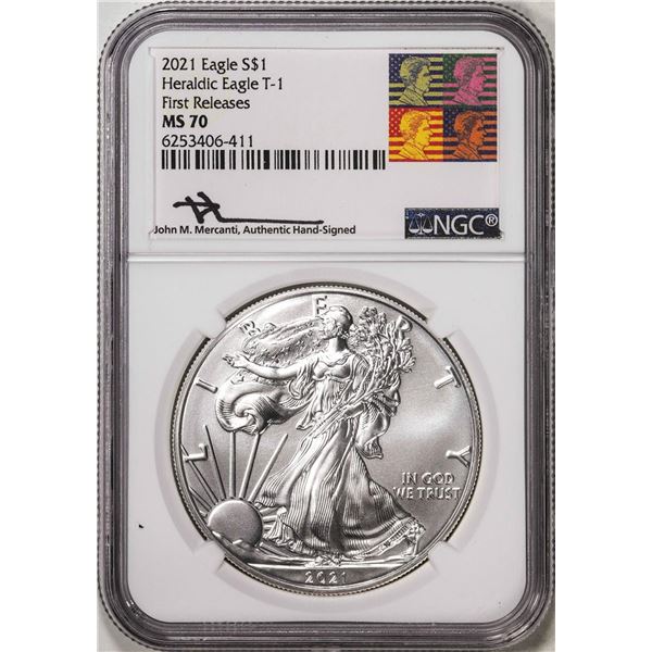 2021 Type 1 $1 American Silver Eagle Coin NGC MS70 First Releases Mercanti Signed