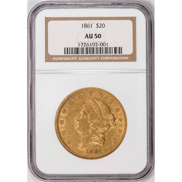 1861 $20 Liberty Head Double Eagle Gold Coin NGC AU50