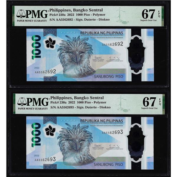 (2) Consecutive 2022 Philippines 1000 Piso Notes PMG Superb Gem Uncirculated 67EPQ