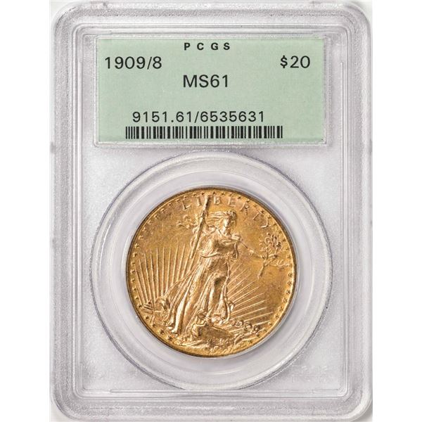 1909/8 $20 St. Gaudens Double Eagle Gold Coin PCGS MS61 Old Green Holder