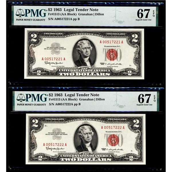 (2) Consecutive 1963 $2 Legal Tender Notes Fr.1513 PMG Superb Gem Uncirculated 67EPQ