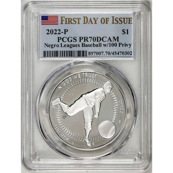 2022-P $1 Proof Negro Leagues Baseball Silver Dollar Coin PCGS PR70DCAM FDOI