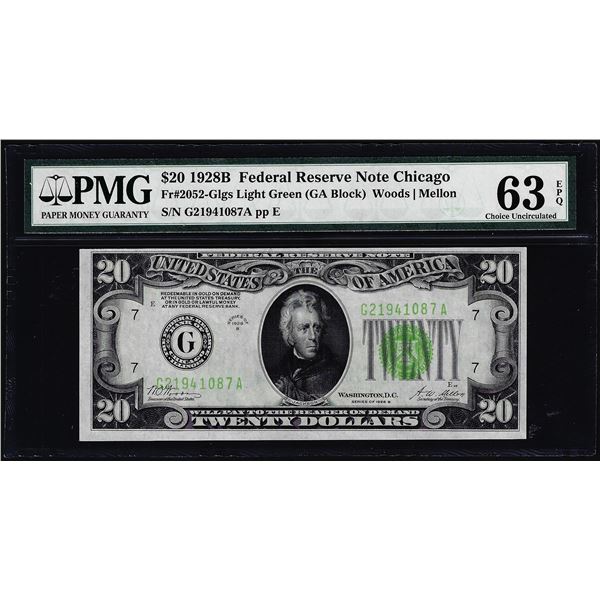 1928B $20 Federal Reserve Note Chicago Fr.2052-Glgs Light PMG Ch. Uncirculated 63EPQ