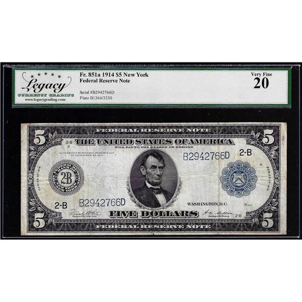 1914 $5 Federal Reserve Note New York Fr. 851A Legacy Very Fine 20
