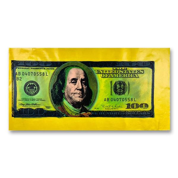 Steve Kaufman (1960-2010) "100 Dollar New Ben Bill" Original Mixed Media on Canvas