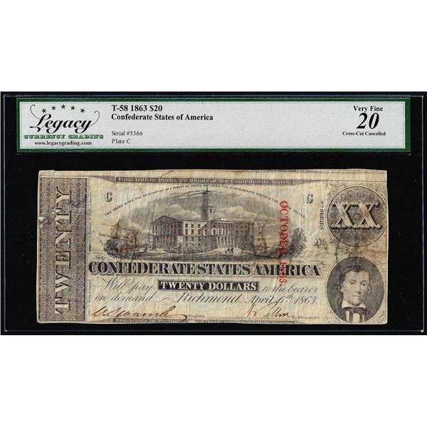 1863 $20 Confederate States of America Note T-58 Legacy Very Fine 20 Cut Cancelled
