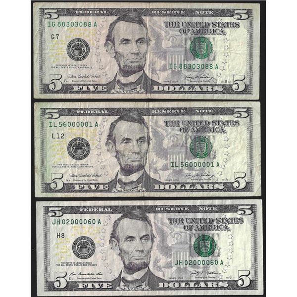 Lot of (3) 2006 $5 Federal Reserve Notes Fancy Serial Numbers