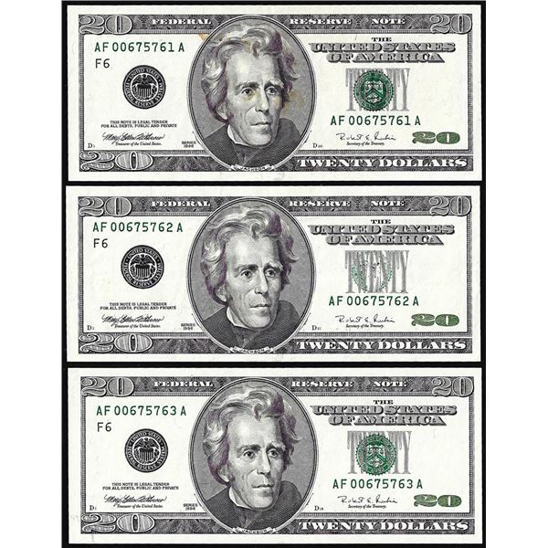 Lot of (3) Consecutive 1996 $20 Federal Reserve Notes Bookend Inking Error