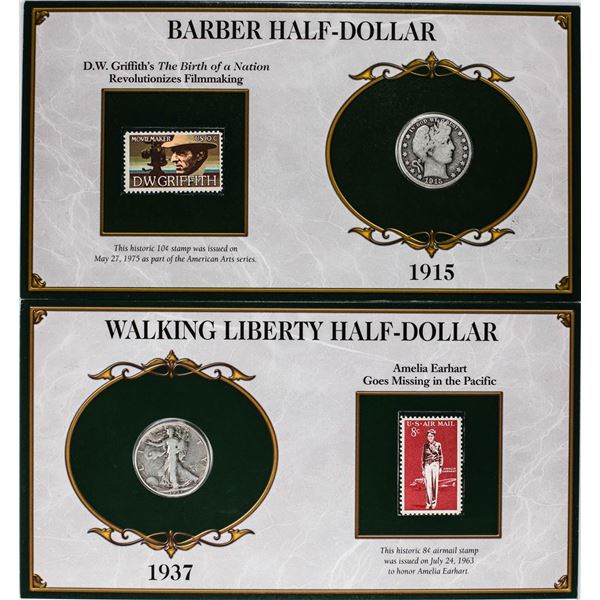 Lot of 1915-S Barber & 1937 Waking Liberty Half Dollar Coins and Stamp Panels