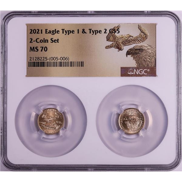Set of 2021 Type 1 & Type 2 $5 American Gold Eagle Coins NGC MS70
