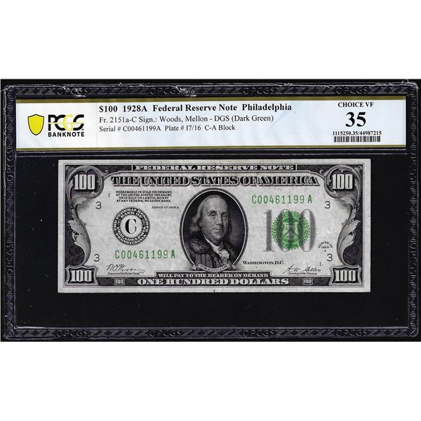 1928A $100 Federal Reserve Note Philadelphia Fr.2150a-C PCGS Choice Very Fine 35
