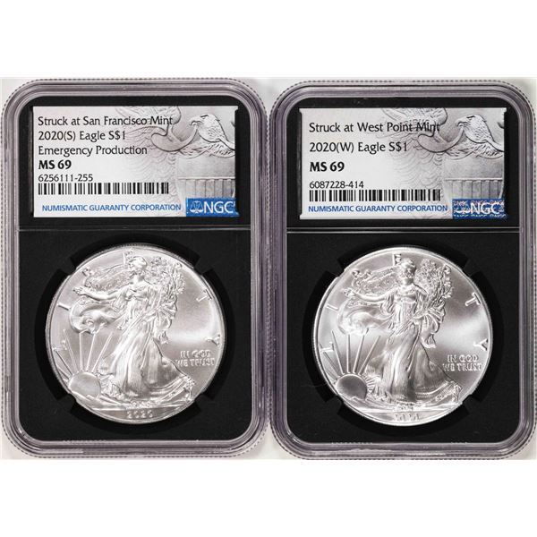 Lot of 2020-(S) & 2020-(W) $1 American Silver Eagle Coins NGC MS69