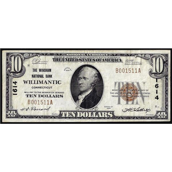 1929 $10 The Windham National Bank of Willimantic, CT CH# 1614 National Currency Note