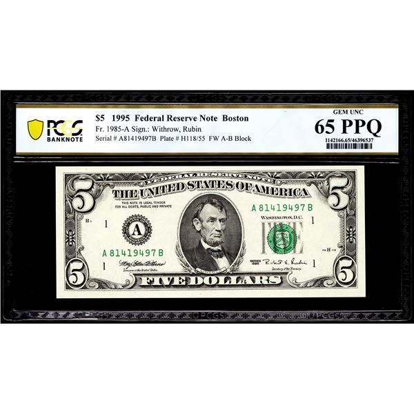 1995 $5 Federal Reserve Note Boston Fr.1985-A PCGS Gem Uncirculated 65PPQ