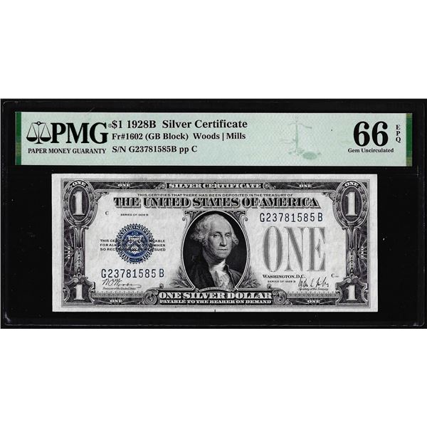 1928B $1 Funnyback Silver Certificate Note Fr.1602 PMG Gem Uncirculated 66EPQ