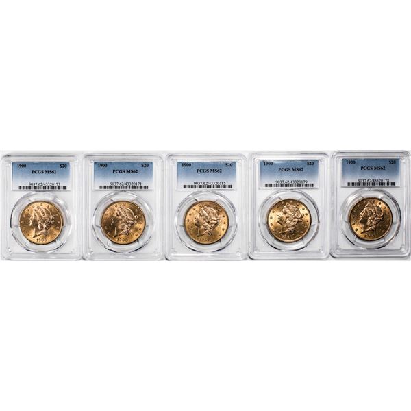 Lot of (5) 1900 $20 Liberty Head Gold Coin PCGS MS62