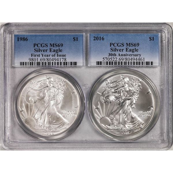 Lot of 1986 & 2016 $1 American Silver Eagle 30th Anniversary 2 Coin Set PCGS MS69