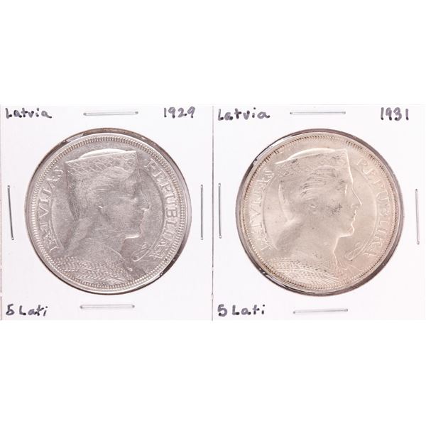 Lot of 1929 & 1931 Latvia 5 Lati Silver Coins