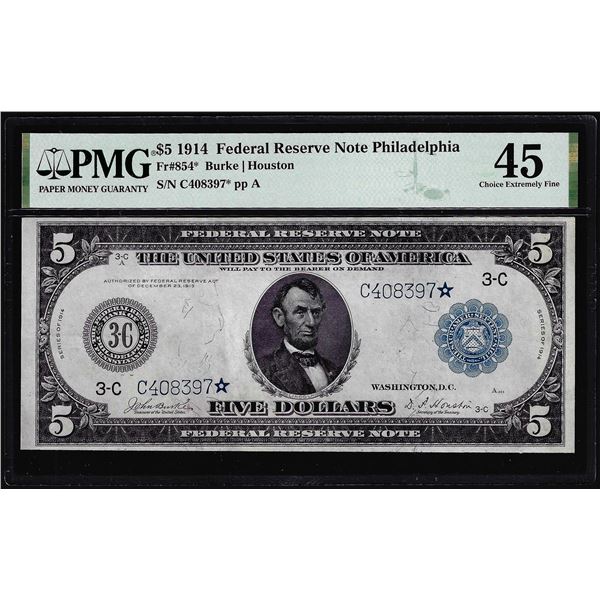 1914 $5 Federal Reserve Star Note Philadelphia Fr.854* PMG Choice Extremely Fine 45