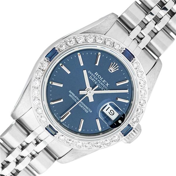 Rolex Ladies Stainless Steel Blue Index Sapphire and Diamond Datejust Wristwatch