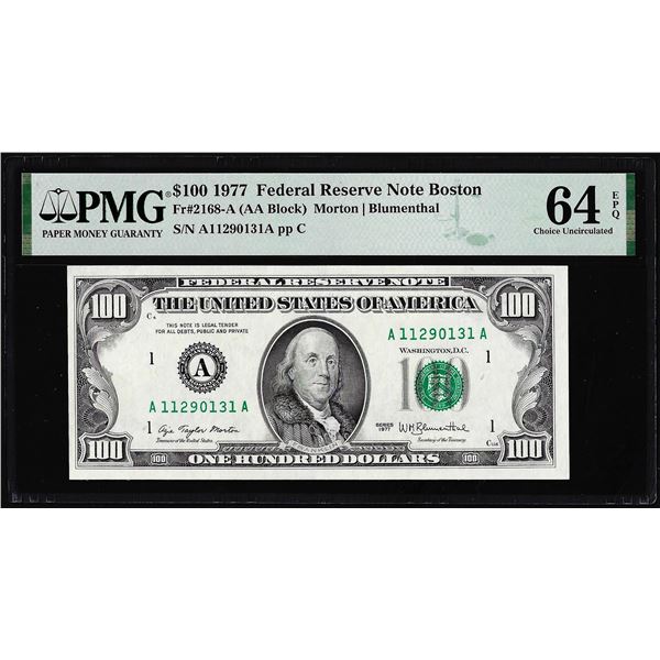 1977 $100 Federal Reserve Note Boston Fr.2168-A PMG Choice Uncirculated 64EPQ