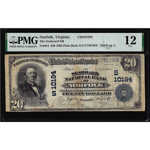 1902 $20 Seaboard National Bank of Norfolk, Virginia CH# 10194 PMG Fine 12