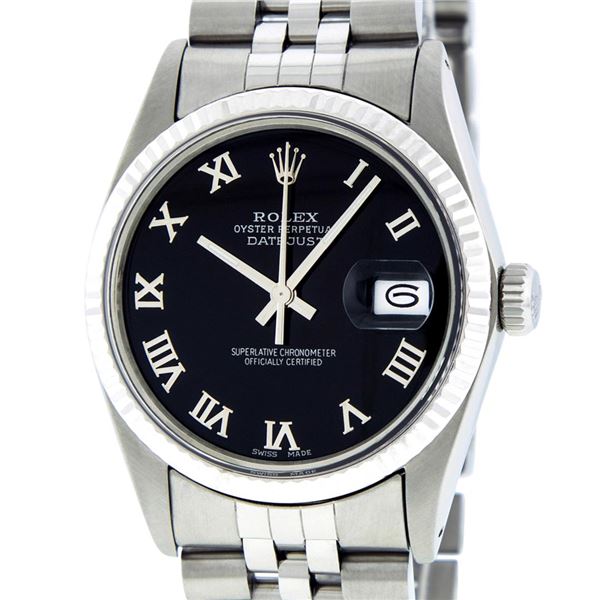 Rolex Mens Stainless Steel Black Roman Datejust Wristwatch